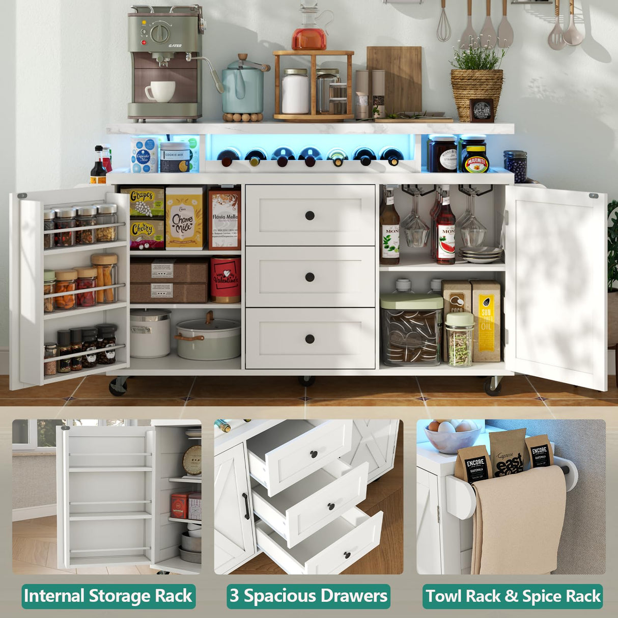 Kitchen Island with Storage, 55" Kitchen Island on Wheels with LED Lights & 3 Drawers,Rolling Kitchen Cart with Spice Rack & Towel Rack, Large Mobile Islands Table for Kitchen, White Gyfimoie