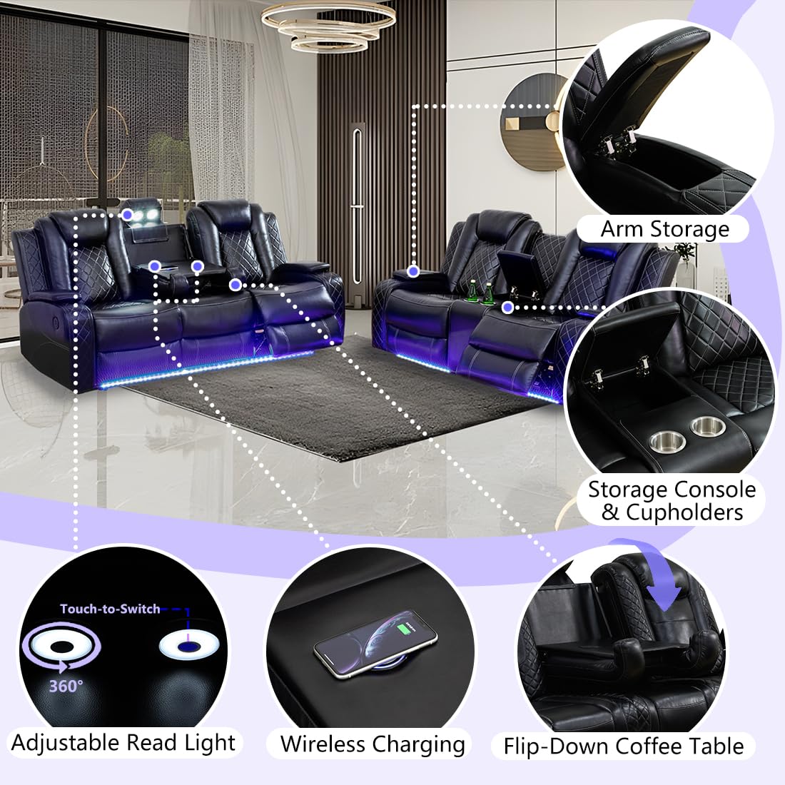 Anthato Black Leather Power Recliner Set with LED Lights, 3-Piece Recliner Sofa Loveseat Chair with Coffee Table/Storage/Charging Port, Modern Reclining Furniture for Living Room/Home Theater/Office Anthato