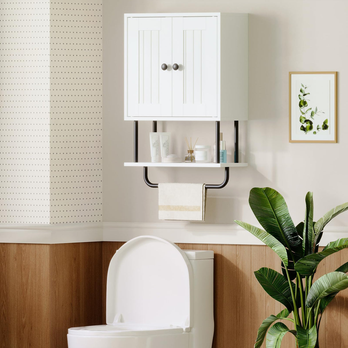 HOOBRO Bathroom Wall Cabinet, Modern Medicine Cabinet with Open and Adjustable Shelf, Over The Toilet Storage Cabinet with Towel Bar, Wall Mounted Organizer for Bathroom, Kitchen, White and Black HOOBRO