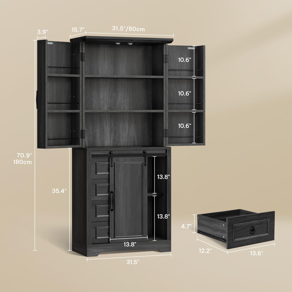 YITAHOME Pantry Cabinet, 71-Inch Tall Freestanding Storage Cabinet with 4 Drawers, Farmhouse Cupboard with Doors Storage, Adjustable Shelves, for Living Room, Dining Room, Gray Oak YITAHOME