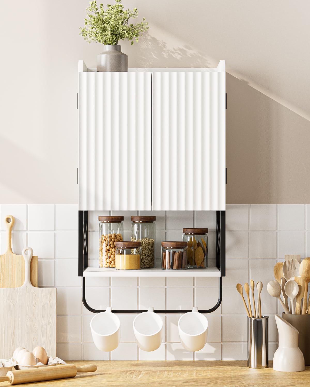 Masupu Fluted Bathroom Wall Cabinet, Small Hanging Bathroom Cabinet with Adjustable Shelf and Magnetic Latch Doors, Wood Wall Mounted Cabinets for Laundry, White Masupu