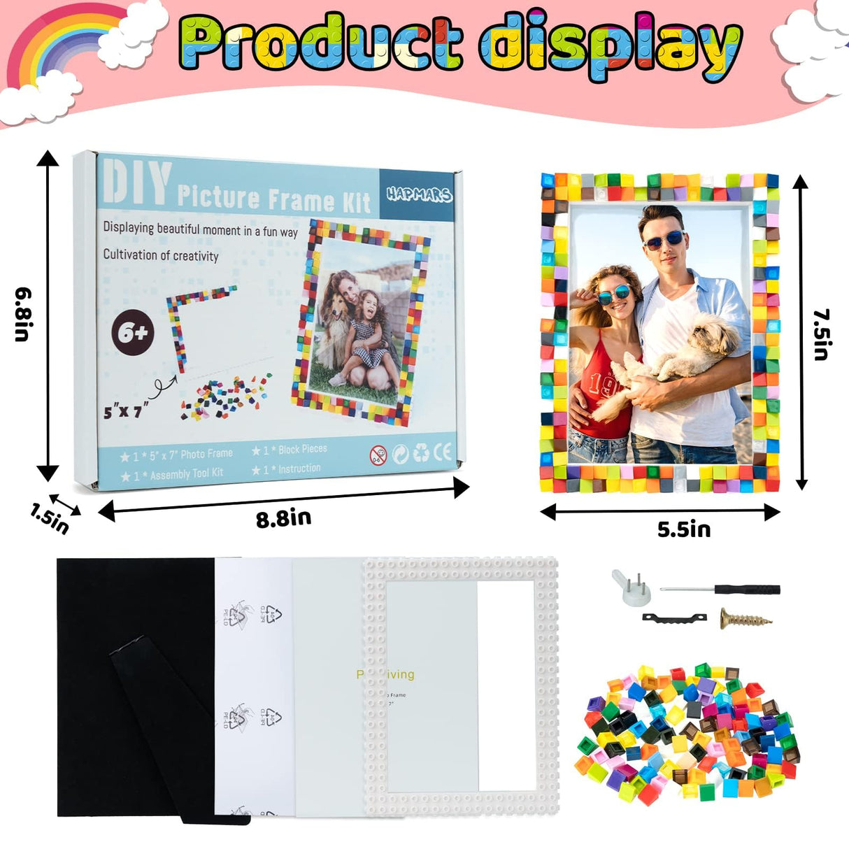 HAPMARS DIY Mosaic Photo Frame Craft Kits - Creative Arts & Crafts Mosaic Kits Summer Activities for Ages 6-12,Make Your Own Picture Frame Fun STEM Craft Birthday Easter Christmas Gifts for Boys Girls HAPMARS