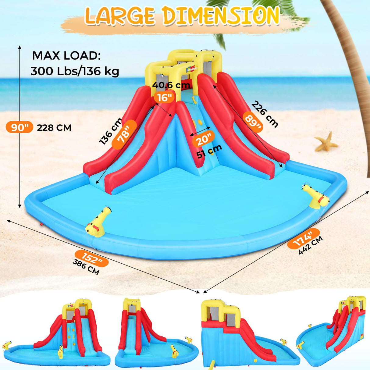 Whubefy Inflatable Water Slide for Kids, 14.5 x 13 FT Water Bounce House for Backyard, Inflatable Water Park for Kids, Waterslide PVC & Oxford Bounce House with Slide, 2 Water Gun & 520W Blower Whubefy
