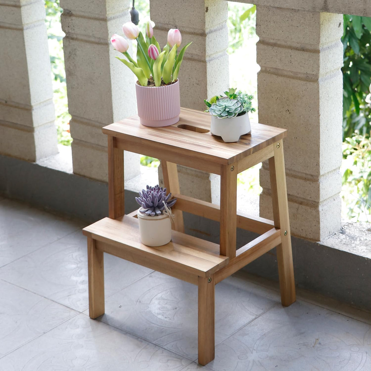 VICTORY RELAX Acaia Wood 2 Step Stool, Waterproof Wooden Step Stool for Adults, 20 Inch Tall Wood Short Footstool Suitable for Bathroom, Kitchen, Bathroom, Bedroom VICTORY RELAX