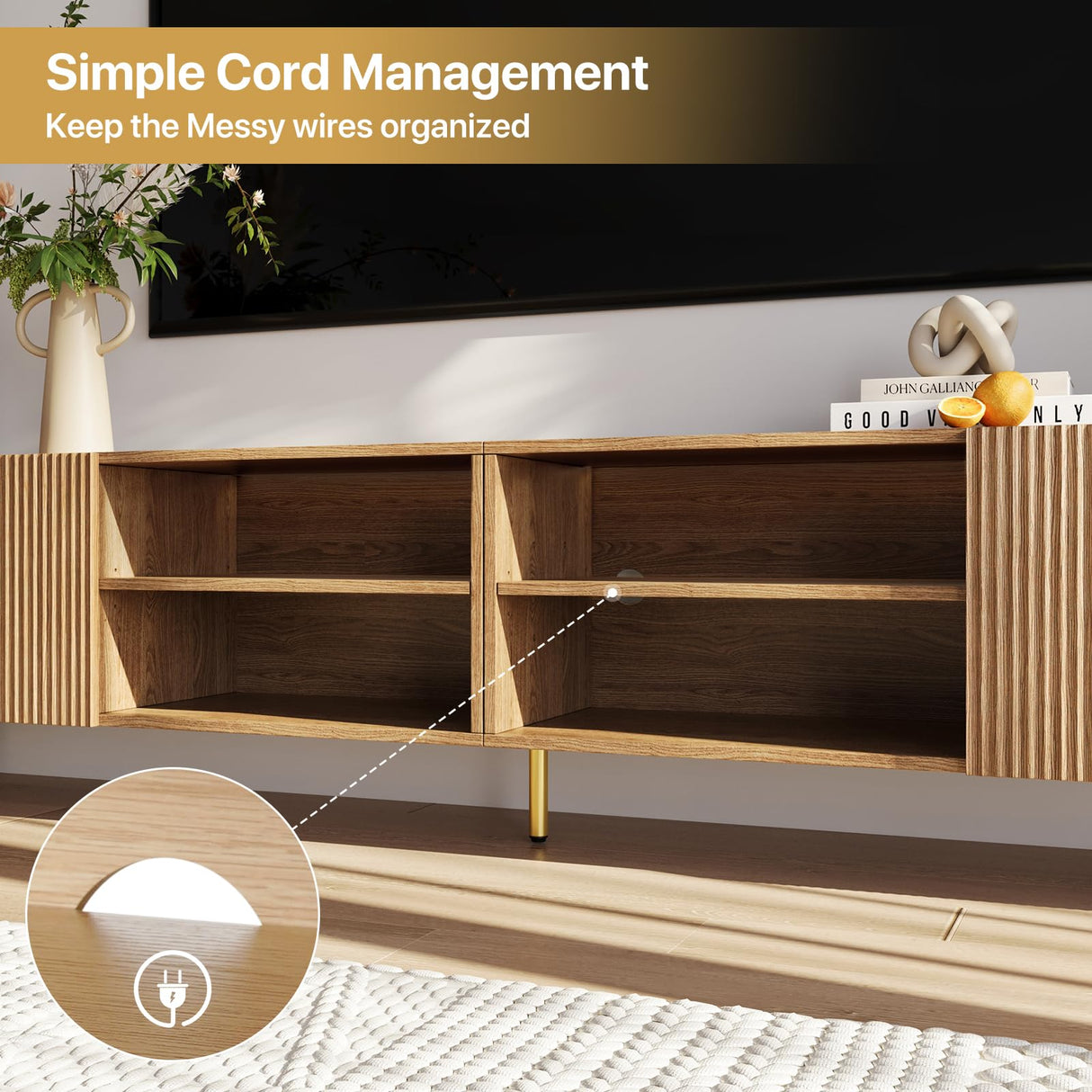 KIMOLST Modern 86in TV Stand for Living Room, Fluted Design Entertainment Center with Adjustable Shelves,Media TV Console Table with Storage for Bedroom,Natural KIMOLST