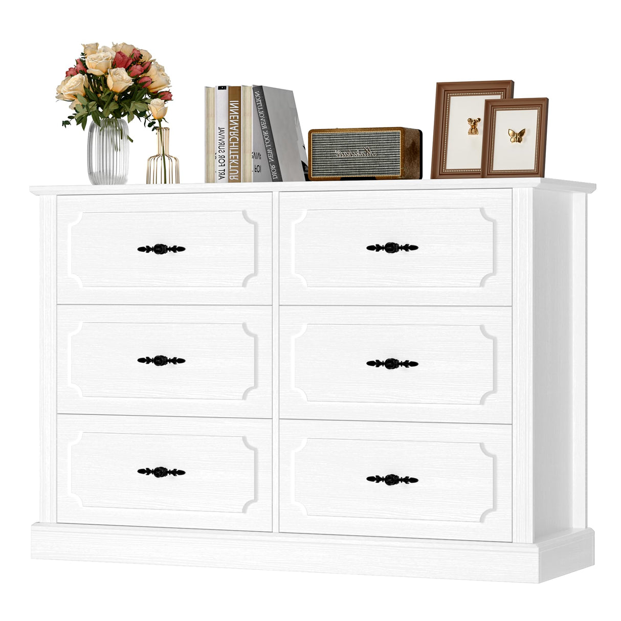 finetones White Dresser 6 Drawer, 47.2'' White Dresser Chest of Drawers, Farmhouse Wide Dresser White Chest of Drawers with Designed Drawer Surfaces, 6 Drawer Dresser Storage Organizer finetones