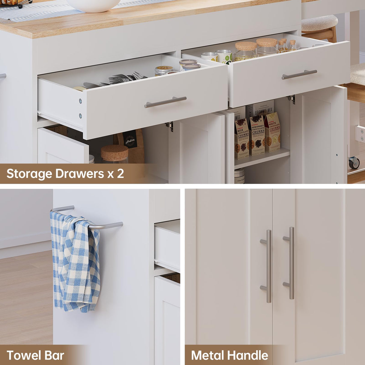 OtterOasis 78" Rolling Kitchen Island with Extendable Table, Mobile Kitchen Islands with Storage for 2-4, 3 in 1 Island Cart on Wheels for Small Space with 2 Drawers & 4 Door Cabinet, White OtterOasis