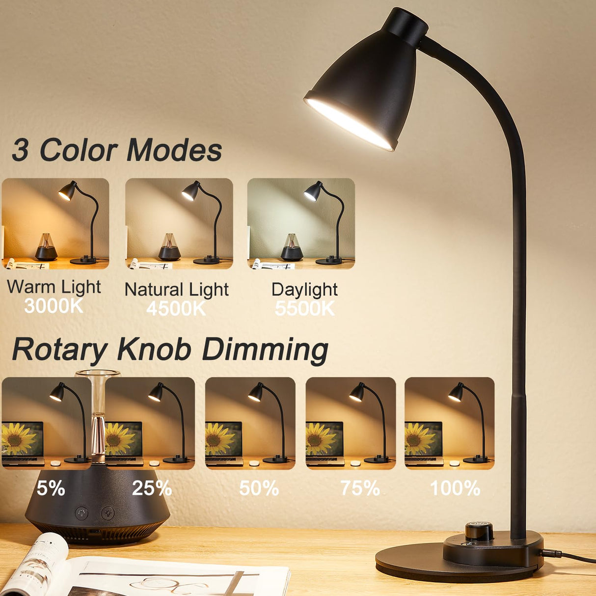 BOHON LED Desk Lamp with USB Charging Port 3 Color Modes Dimmable Reading Light Intelligent Induction Auto Dimming Task Lamp Flexible Gooseneck Table Lamp for Bedside Office, AC Adapter Include BOHON