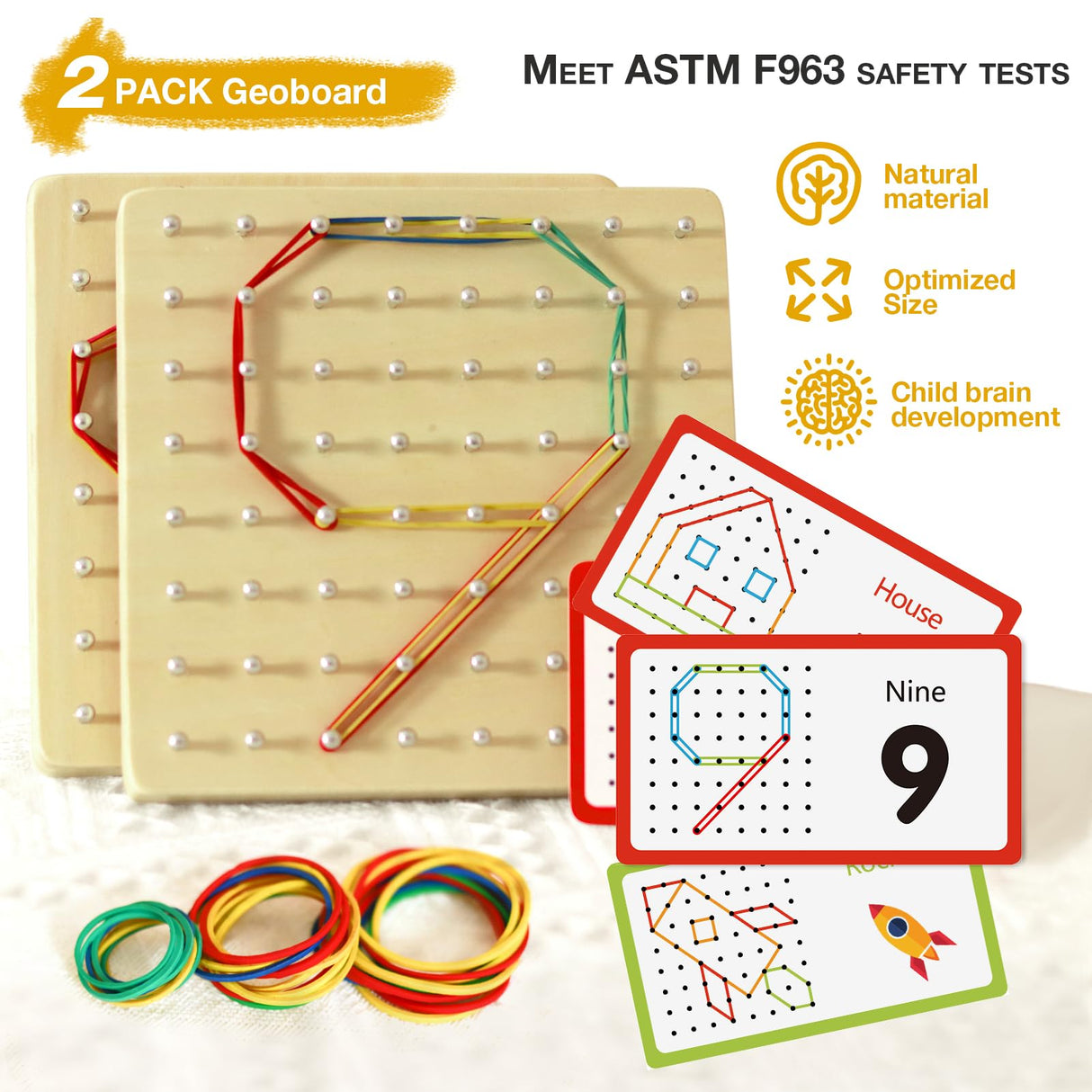 CHEROSIN 2Pack Wooden Geoboard Montessori Toys - Wood Geo Board Manipulative Geoboards for 4 5 6 Year Old Kids with Pattern Cards and Rubber Bands,Educational Peg Board for Boys Girls Ages 3-6 CHEROSIN