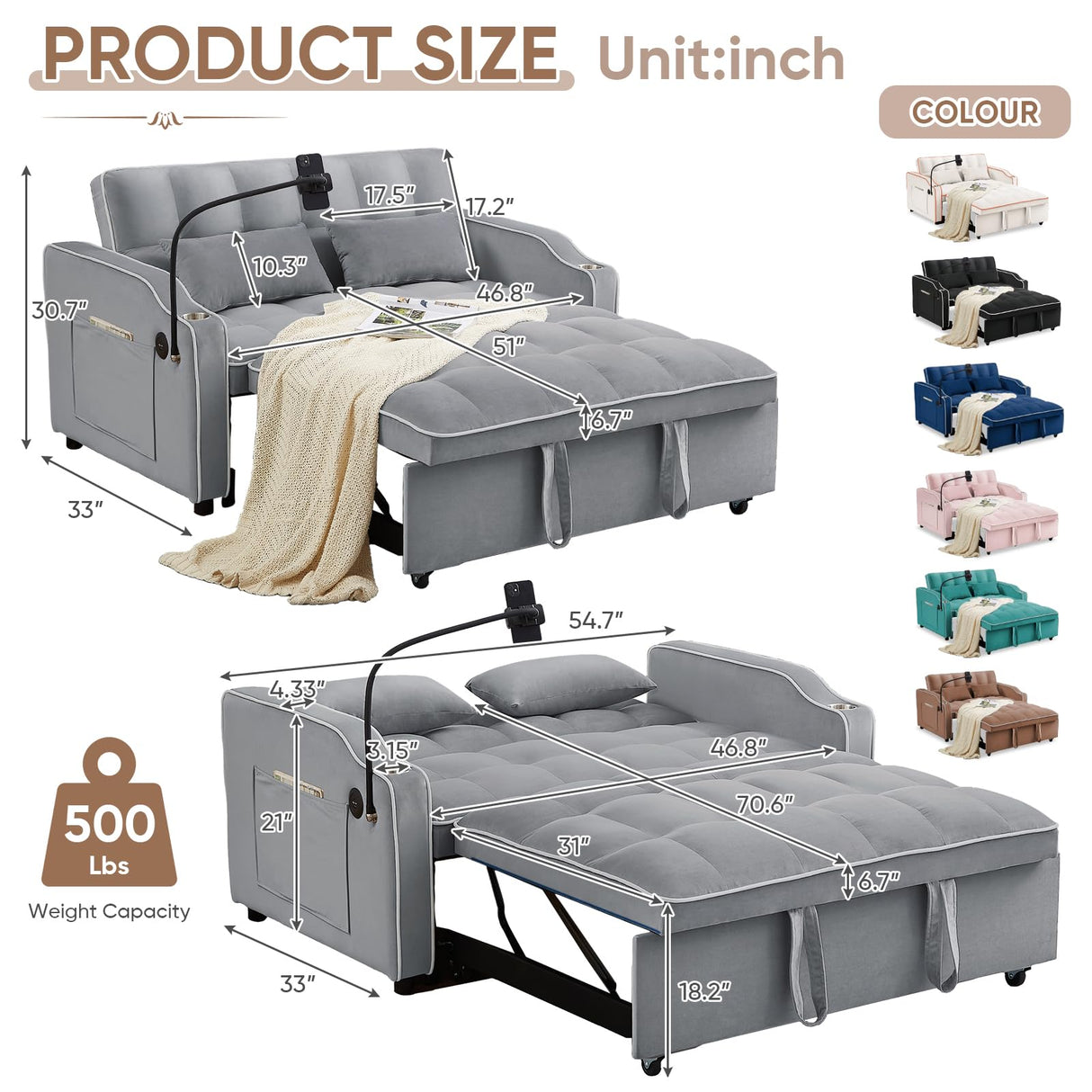 Sleeper Sofa Couch Bed with USB & Type C Port, Modern 3-in-1 Convertible Velvet Pull Out Loveseat Futon Sofa w/Phone Holder/Cup Holder for Living Room Apartment, Adjustable Backrest, Light Grey Antetek