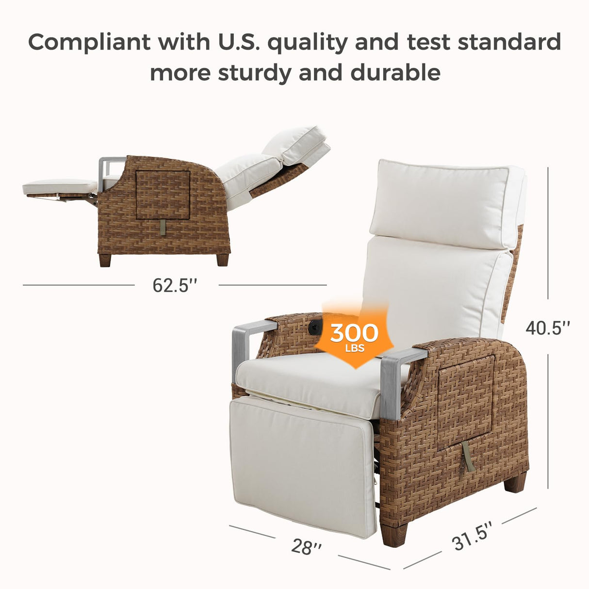 Grand patio Outdoor Recliner with Independent Adjustable Back and Footrest, Air Pump 150° Lay Flat Reclining Chair Removable Olefin Cushion Flip-Up Table Wicker Creamy White 1PC Grand patio