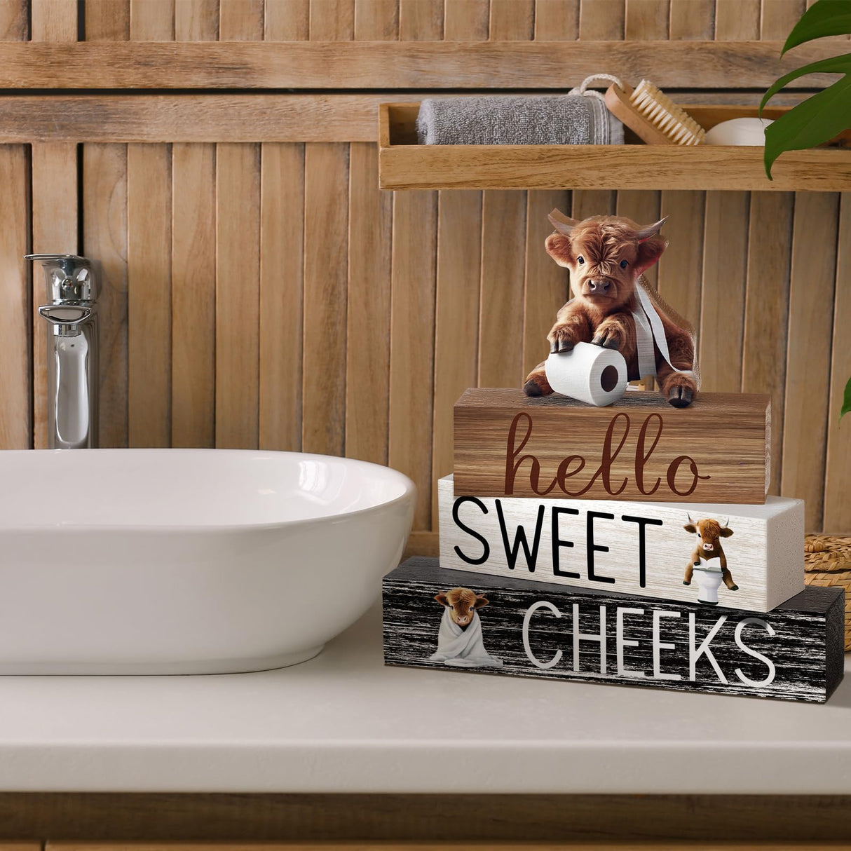 Cinnvoice 4 Pcs Christmas Highland Cow Bathroom Decor Farmhouse Bathroom Decoration Western Hello Sweet Cheeks Table Centerpiece Cinnvoice