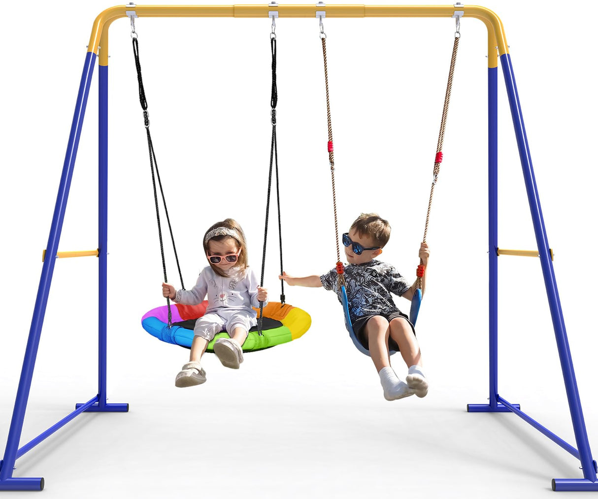 Swing Sets for Backyard, Toddler Swing Set with 2 Seat 1 Saucer & 1 Belt Seat, 440lbs Heavy-Duty Swing Frame w/8 Ground Stakes, A Frame Outdoor Swingset for Kids and Adults for Backyard SkylarkJoy