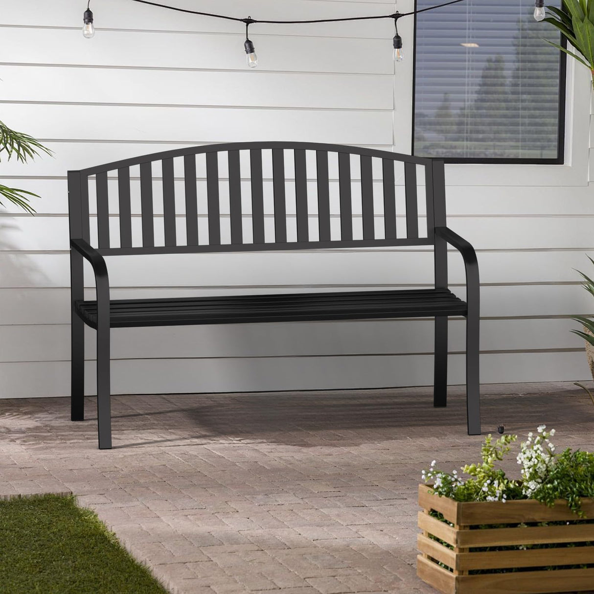 Granper Garden Bench, 50" Outdoor Bench, 660LBS Wrought Iron Porch Bench, Patio Bench with Armrests for Garden Lawn or Yard, Black Granper
