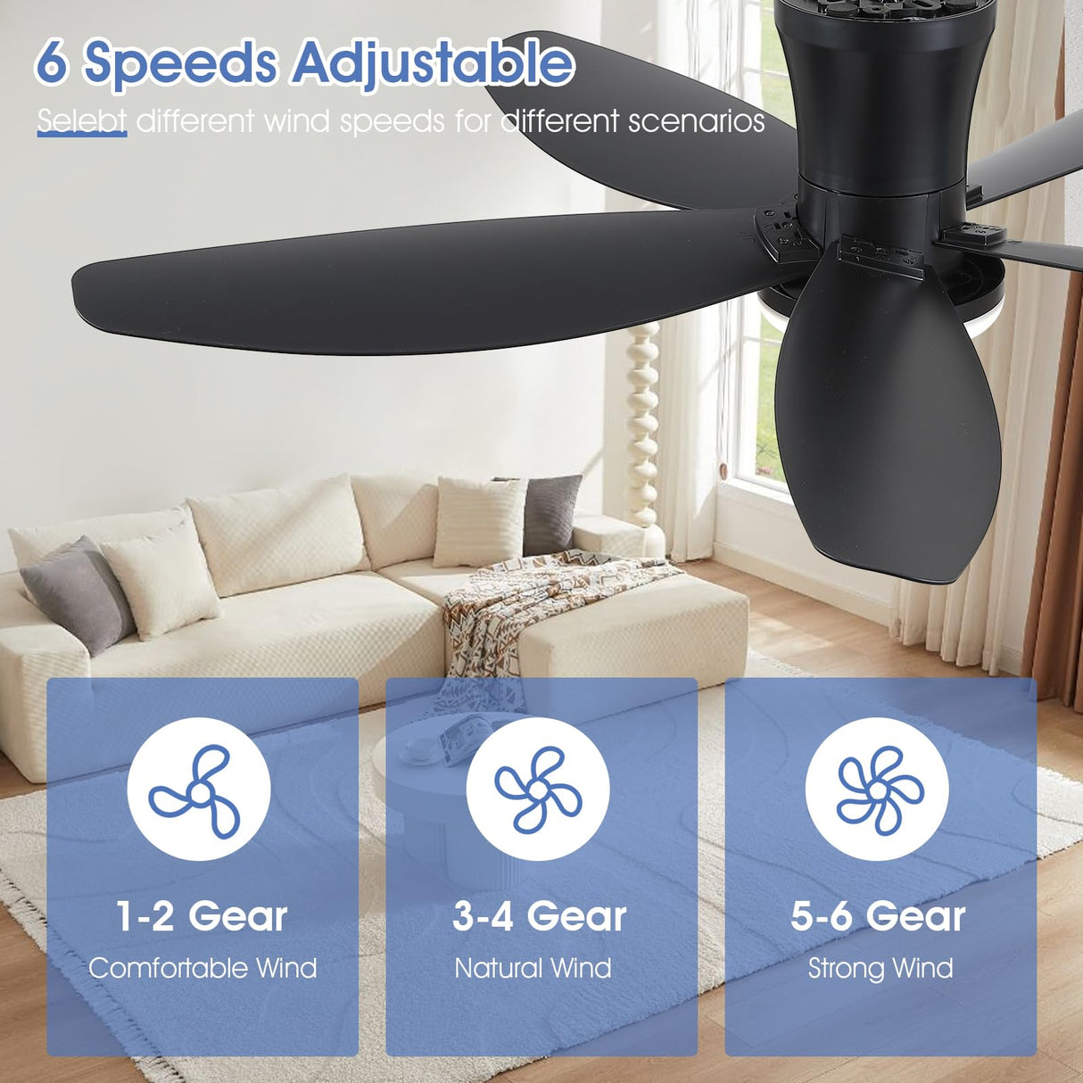 Surtime 42" Ceiling Fans with Lights-Low Profile Ceiling Fan with Light and Remote/APP Control,Flush Mount,DC Reversible,LED Dimmable Black Ceiling Fans for Bedroom,Indoor/Outdoor Patio Use Surtime