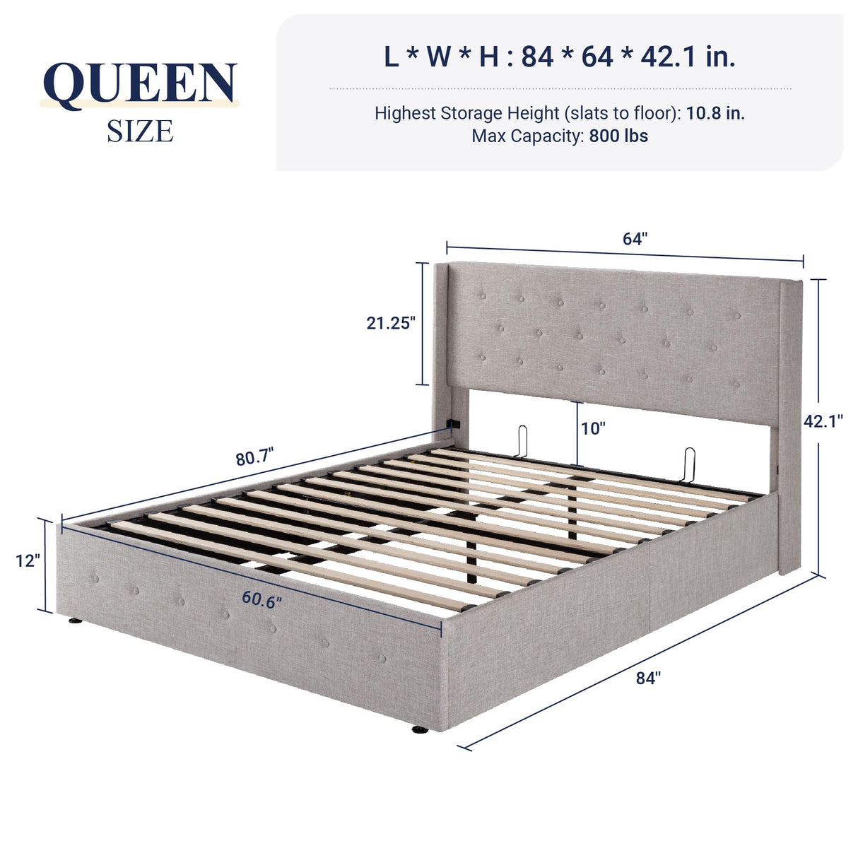 Allewie Queen Size Lift Up Storage Bed, Button Tufted Headboard with Wingback, Hydraulic Support, No Box Spring Needed, Light Beige Allewie
