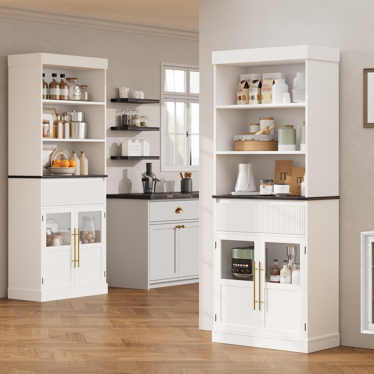 IDEALHOUSE 70" Tall Kitchen Pantry Cabinet, Storage Cabinets with Drawer & 2 Glass Doors and 3 Shelves, Floor Cabinet for Kitchen, Office, Living Room, Dining Room, Bathroom, White IDEALHOUSE