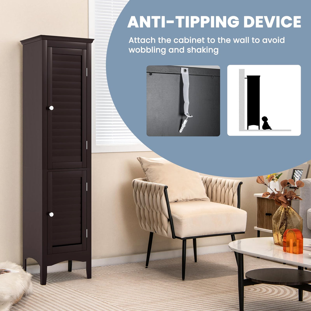 Tangkula 63" Freestanding Slim Bathroom Storage Cabinet with Adjustable Shelf and Elegant Louvered Doors Tangkula