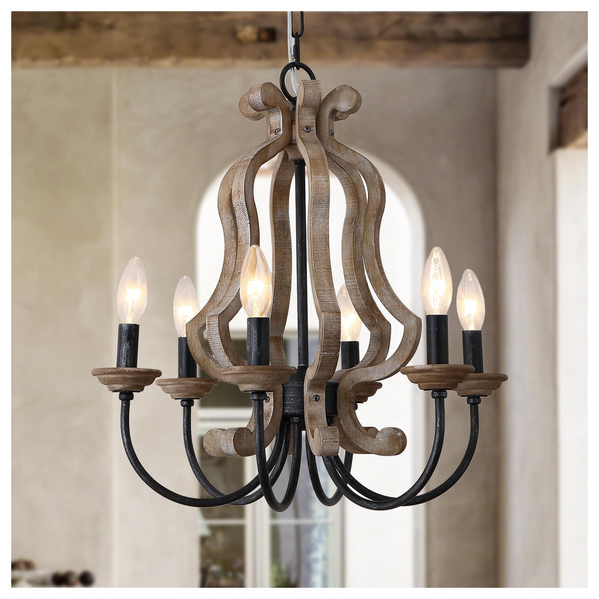 ANQIANYUE Farmhouse Chandelier, 6-Lights Wood Chandelier, Distressed Black Pendant Light Adjustable Height, Rustic Chandeliers for Dining Room Kitchen Island Foyer Living Room Entryway Hallway (18.3") ANQIANYUE