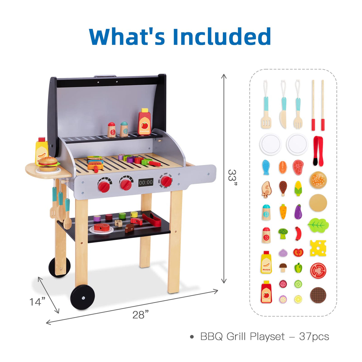 OOOK Wooden Play Barbecue Toy Grill, Kids Grill Playset with Play Food and Grilling Tools, Play Kitchen Accessories for Toddlers Boys Girls Age 3+ OOOK