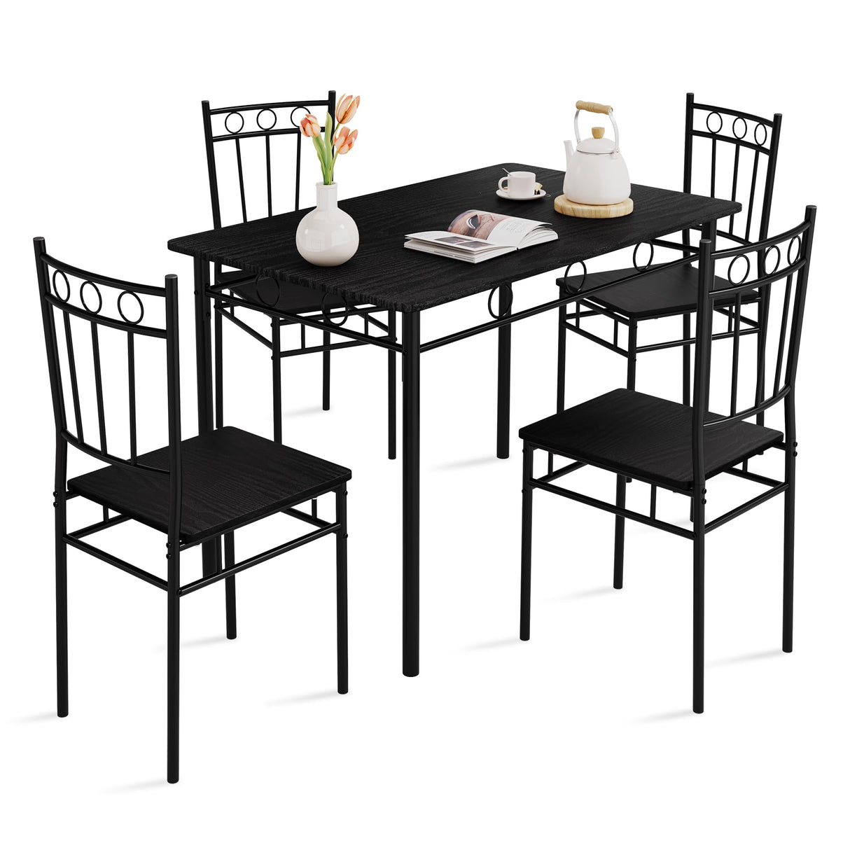 Vipbear Kitchen Dining Table Set for 4, 5-Piece Kitchen Table Set,Dining Room Table Sets,Rectangular Kitchen Table Set with 4 Chairs for Small Space, Dinette,Apartment,Rustic Black Vipbear