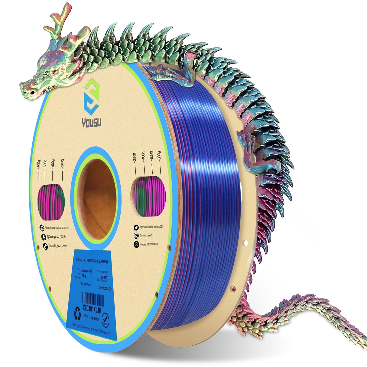 YOUSU 3D Printer Filament Triple Color Silk PLA Filament 1.75mm,3D Printing Filament Like Rainbow Filament,1kg/2.2lbs,Silk Red/Blue/Green. Yousu