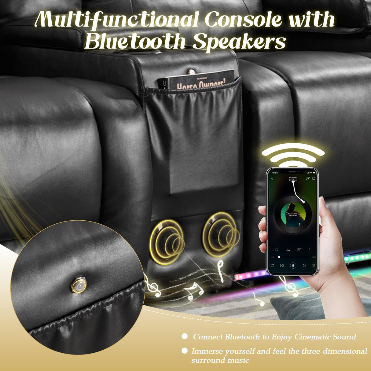 BINGTOO Power Double Recliner Loveseat for RV, Electric Home Theater Seating Sofa with Console & Storage, Built-in Bluetooth Speaker/USB Ports/Power Outlet/LED Light, Black BINGTOO