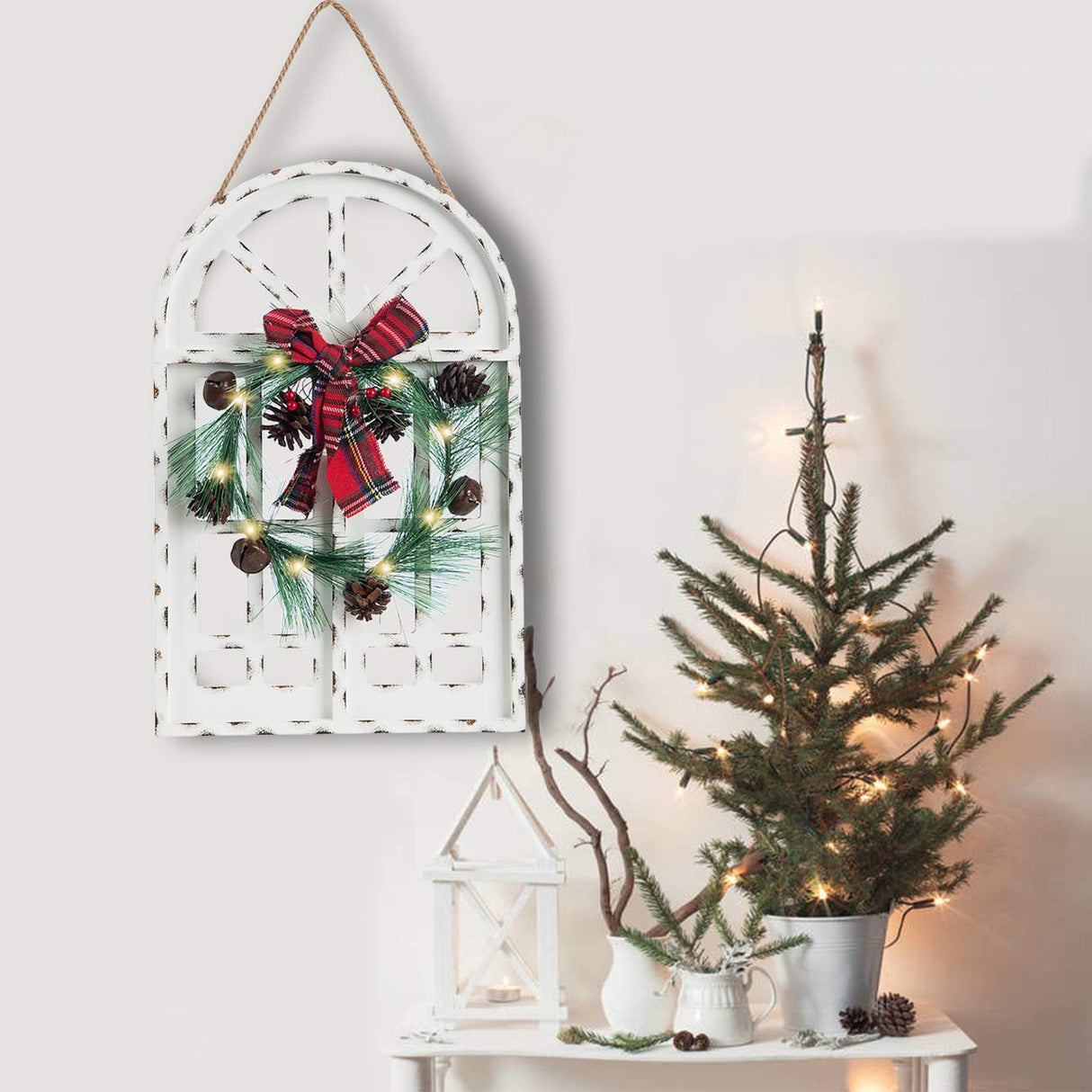 Sunnygalde Indoor and Outdoor Wood Christmas Holiday Wall Hanging Door Decorations Wood Plaqu Signs Christmas Ornament, for Home, School, Office Including Wreath, Wooden Arch and Led Lights (White) Sunnyglade