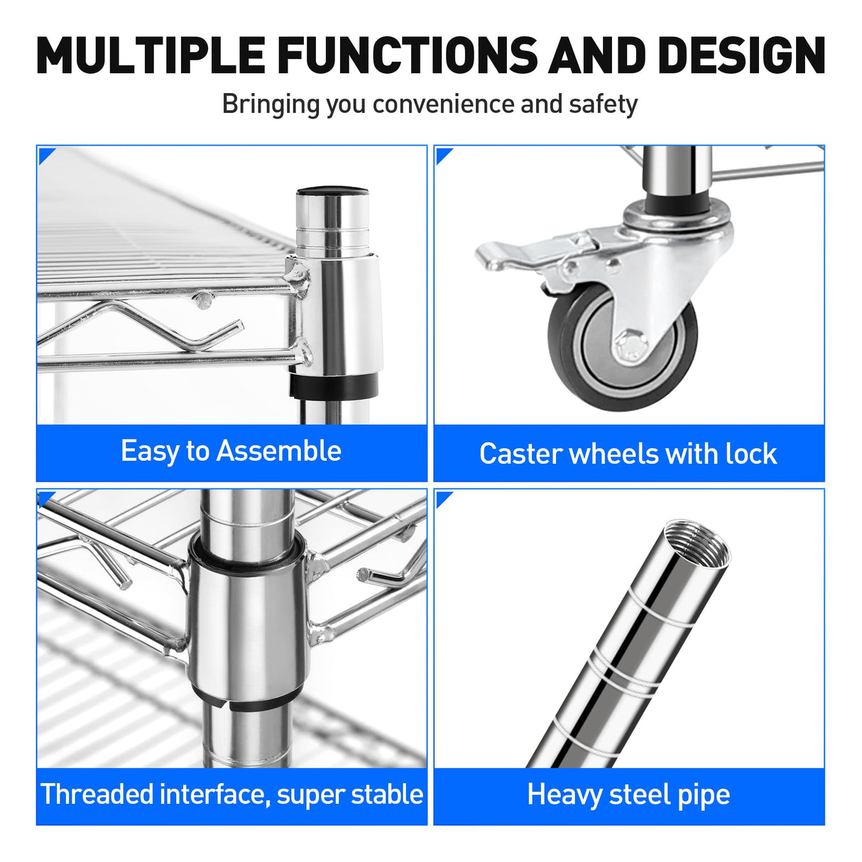 Rengue Wire Shelving with Wheels, 60"x 24"x72" Metal Storage Shelves, 4-Tier Heavy Duty Garage Storage Shelves, Chrome 2400LBS Capacity Wire Shelf Rack for Restaurant, Garage, Pantry, Kitchen Rengue
