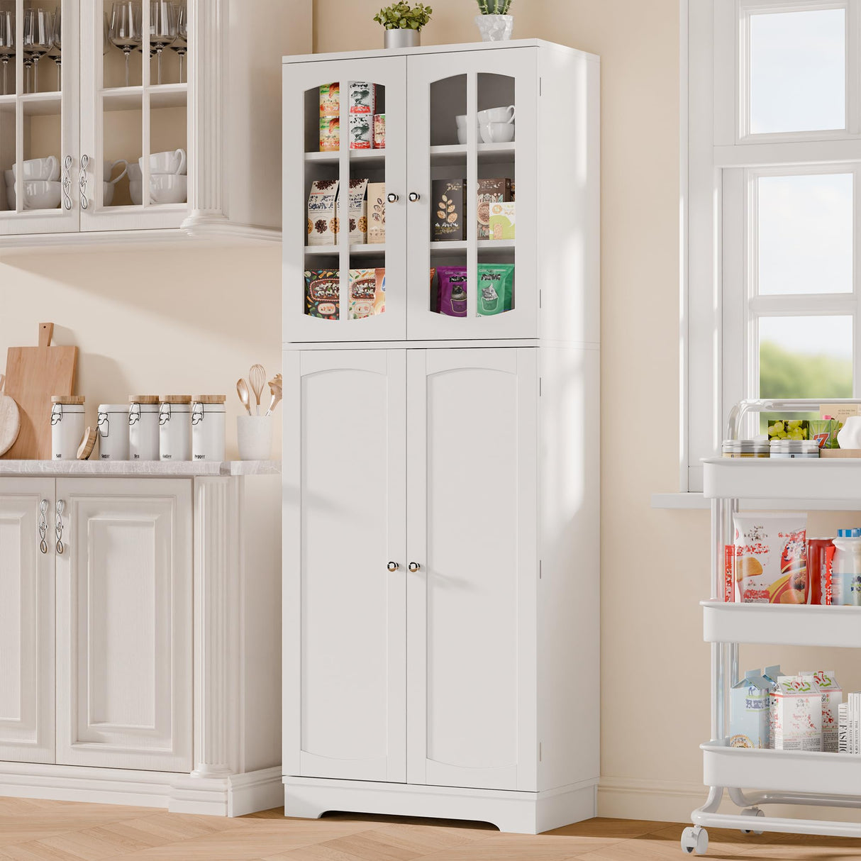 TOLEAD 64" Pantry Cabinet, Tall Storage Cabinet With Glass Doors & Adjustable Shelves for Kitchen, Living Room, Dining Room, White TOLEAD