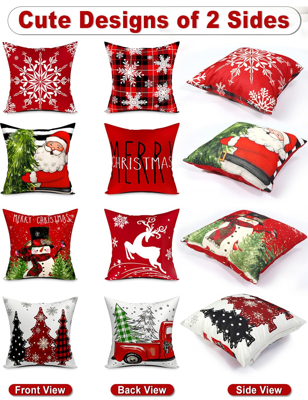 Double-Sided Print Christmas Pillow Covers 18''x18'', Set of 4, 8 Christmas Patterns Christmas Tree, Snowman, Snowflakes, Merry Christmas, Deer, Santa Claus,Truck, Let It Snow, Soft Linen Material TOYPOPOR