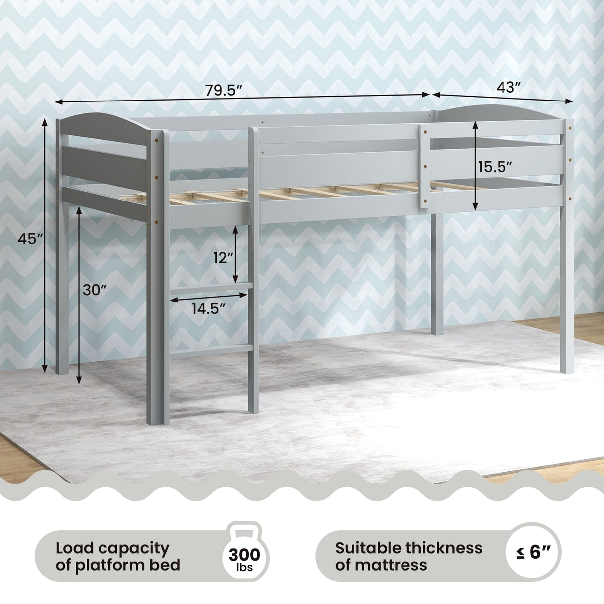 Giantex Twin Loft Bed with Ladder, Wood Low Profile Loft Bed with 30" Clearance & Safety Guard Rails, Space-Saving Loft Bed Frame for Kids Teens Junior, No Box Spring Needed, Kids Bed Frame, Grey Giantex