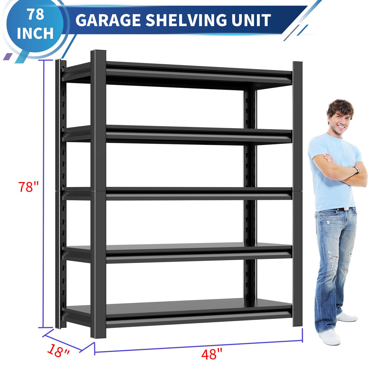 Metal Garage Shelving Unit,78"H Heavy Duty 5-Tier Adjustable Storage Rack,18"D x 48"W x 78"H Steel Shelving,3000 lbs Industrial Shelves for Heavy Tools and Equipment,Ideal for Garage, Basement,Black Hzdbhd