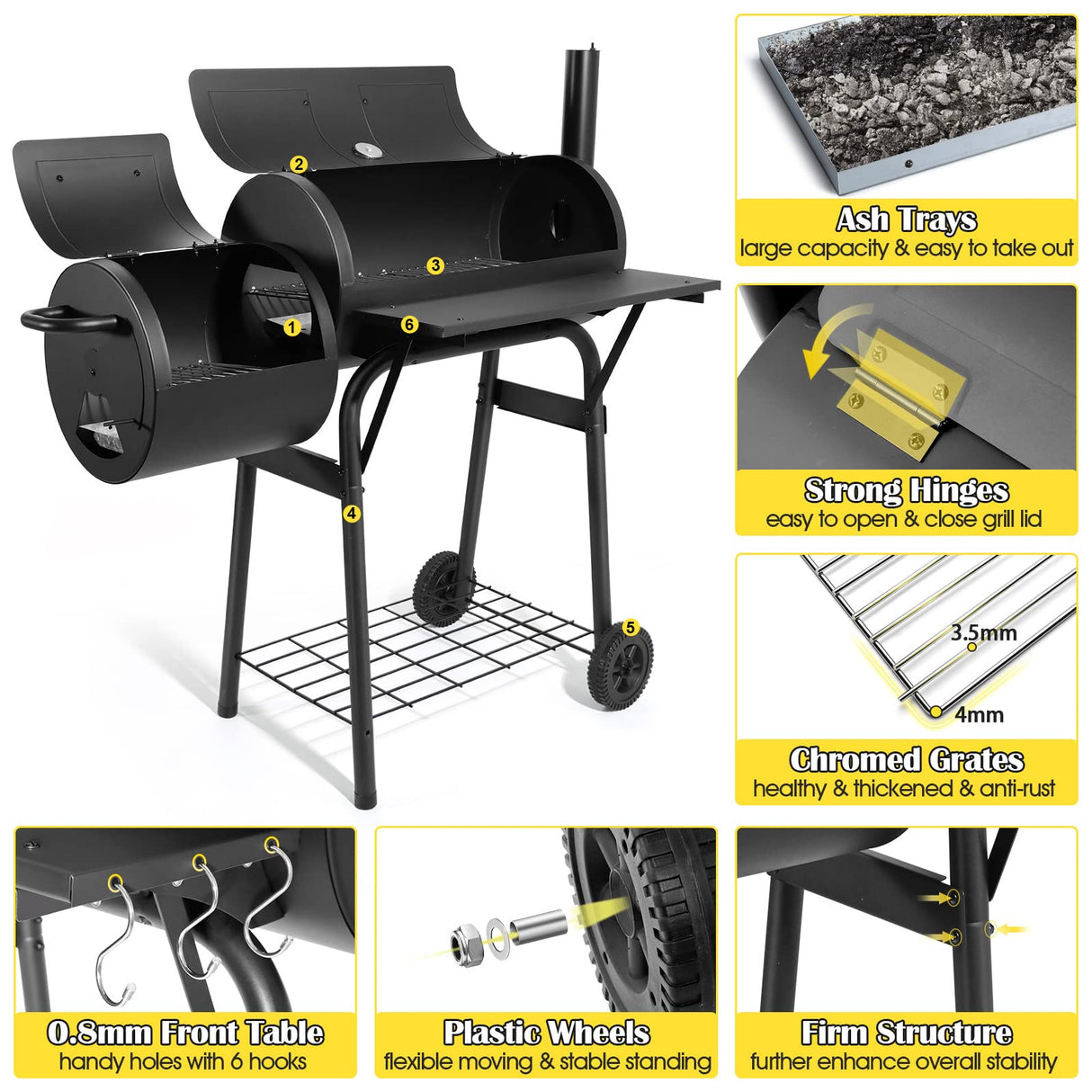 Barrel Charcoal Grill with Offset Smoker, HaSteeL Outdoor BBQ Grill Set of 15, Large Camping Grill for Patio Backyard Garden Smoking Barbecue, Grill Cover, Spatula, Tong, Brush, Fork, Carrying Bag HaSteeL