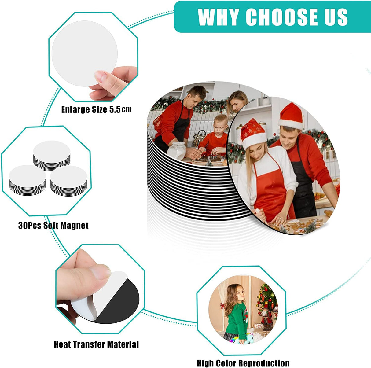 Sublimation Magnet Blanks, 30PCS Sublimation Blank Refrigerator Magnets - Personalized Fridge Magnet Sublimation Blanks Products for Kitchen Office Decorative, 5.5x5.5 cm (Round) Deekypol