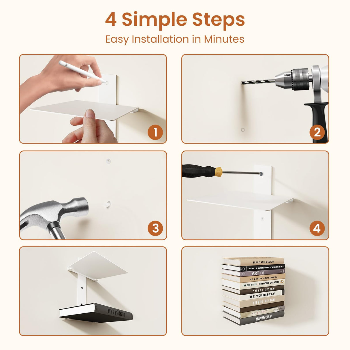 Floating Book Shelves for Wall, 4 Tier Invisible Bookshelves Heavy Duty Metal Loads 60LBS, Vertical Spine Book Tower Hanging Bookshelves, Shelves for Room Wall Mounted, 2 Pack White Wawocs