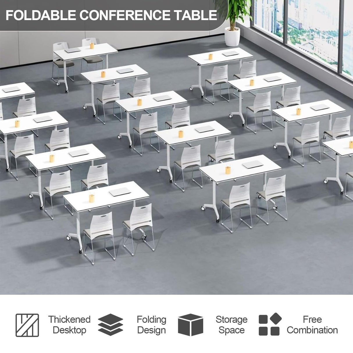 Folding Conference Room Table,Modern Conference Table 6ft White Meeting Table Flip Top Large Mobile Training Table with Silent Wheels Seminar Table for Office,Classroom(2PCS 70.8 * 23.6 * 29.5in) JNMDLAKO