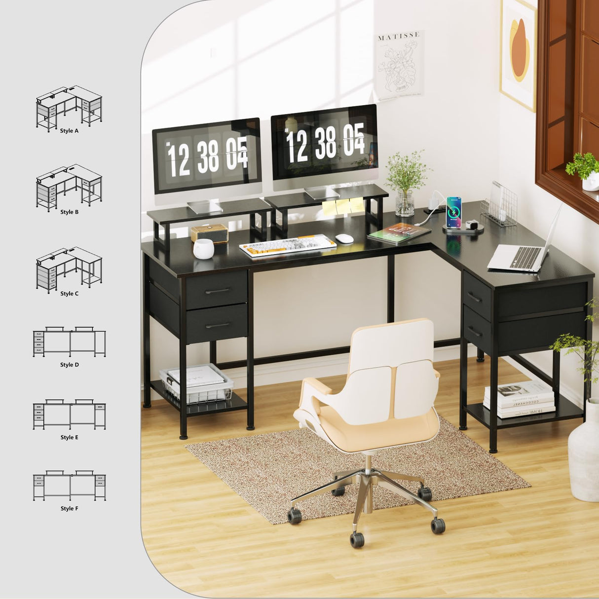 Korfile L Shaped Computer Desk with Power Outlets, Corner Desk with 2 Monitor Stands, Home Office Desk with 4 Adjustable Storage Drawers & Shelves, Large Gaming Desk for Bedroom, 59 inch, Black Korfile