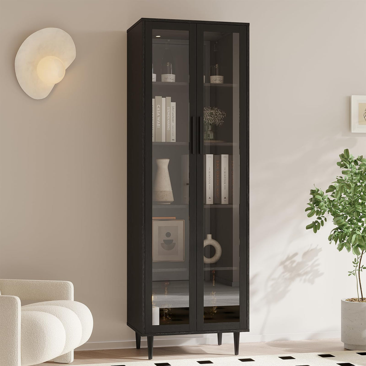 TUSY 70.9“ H Display Cabinet with Glass Doors, 5-Tier Curio Cabinet, Narrow Display Bookcase for Home, Office, Clinic, Pantry (Black) TUSY