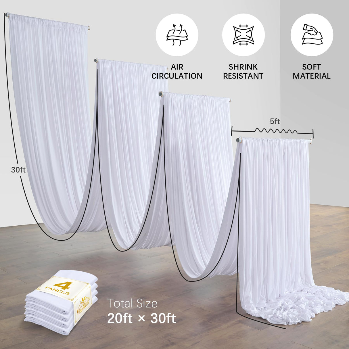 20ftx30ft White Ceiling Curtain for Wedding Parties – 4 Panels Wrinkle-Free 30 FT Long Tent Draping Curtains for Wedding, Birthday & Theme Parties, 30ft Height with Rod Pocket Party Village