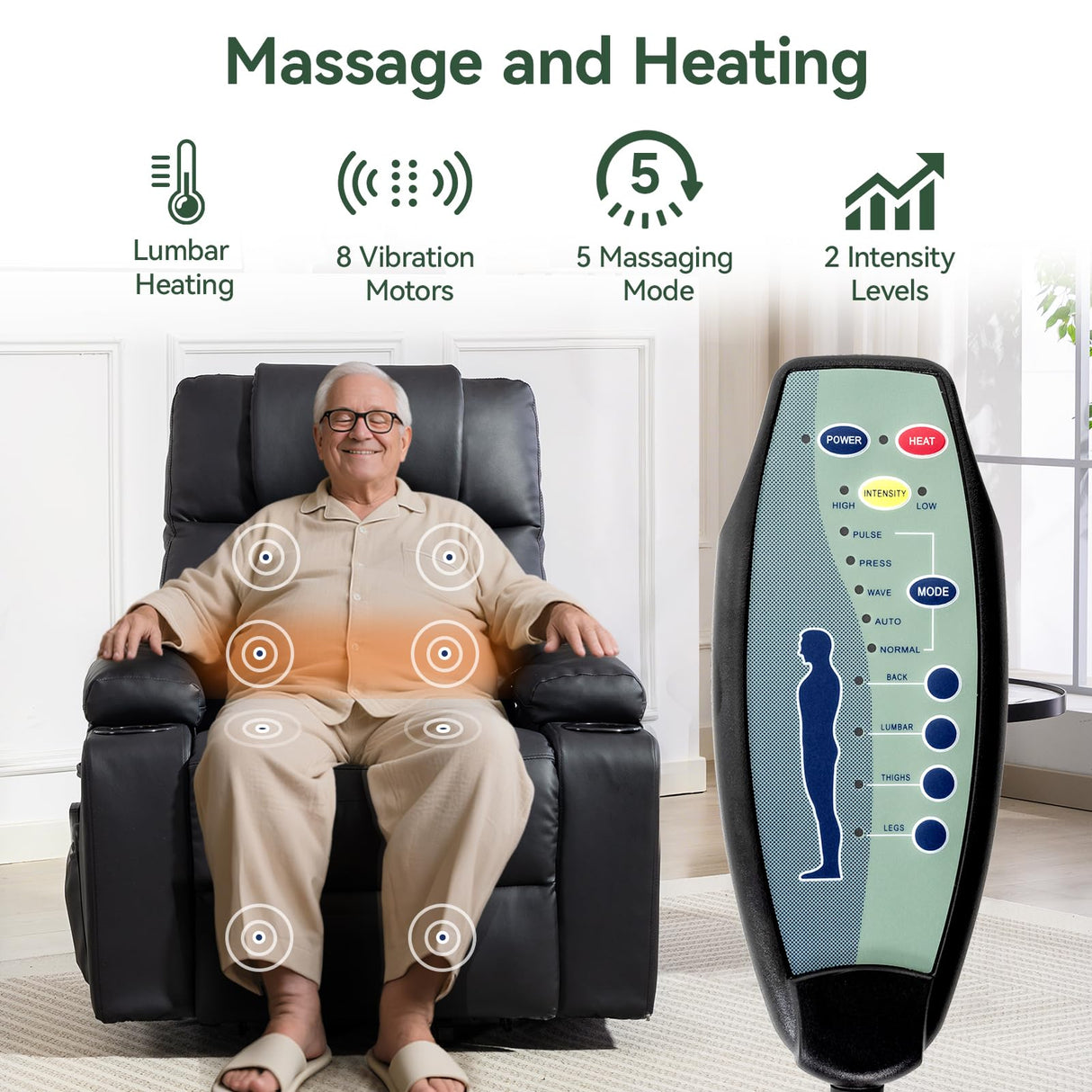 Power Lift Recliner Chair for Elderly with Heat & Massage, 160° Electric Adjustable PU Leather Recliner with Remote Control, Stand Assist, Cup Holders & Side Pockets for Living Room (Black) Vogue Furniture Direct