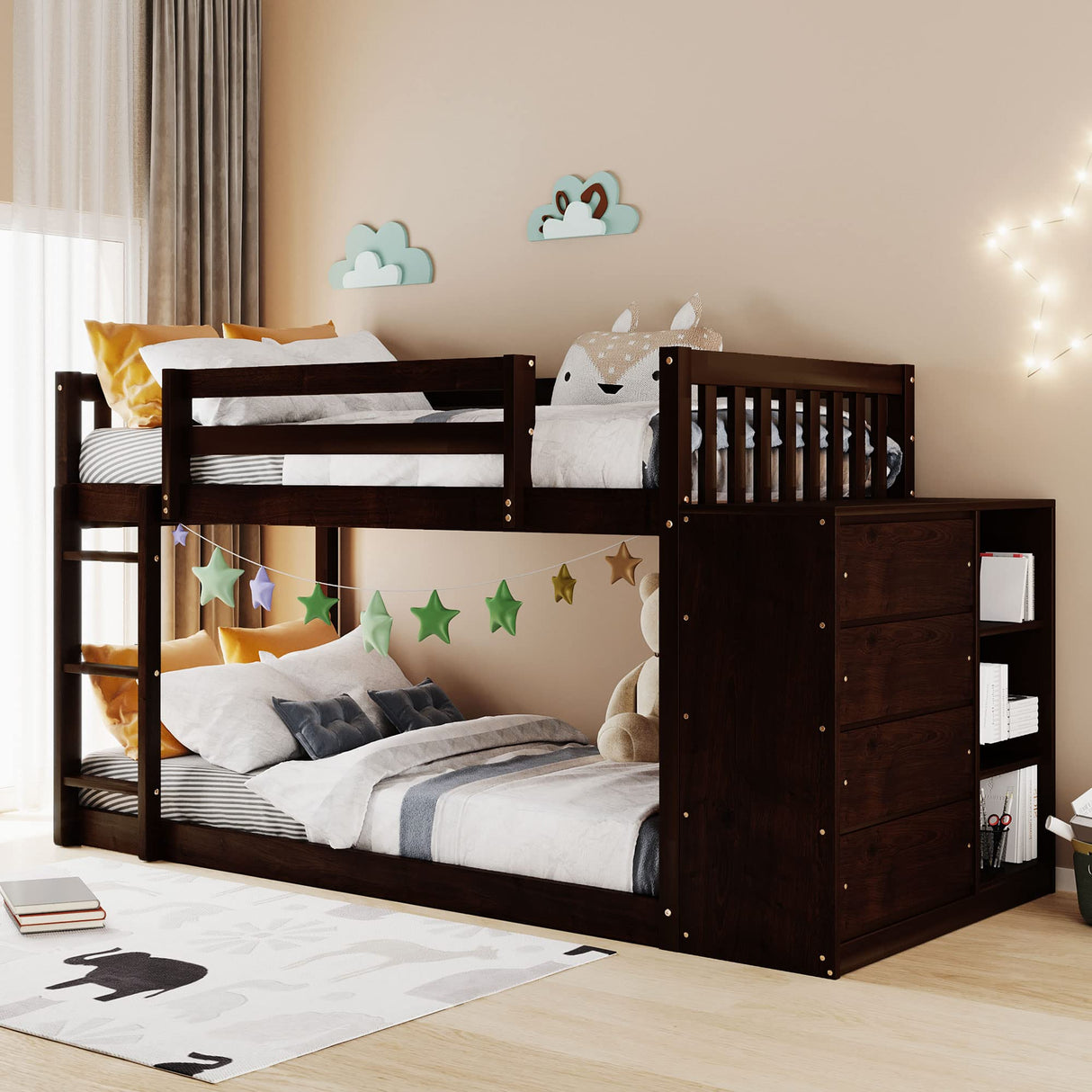 Twin Over Twin Bunk Beds with Storage, Wooden Twin Floor Bunk Beds with 4 Drawers and 3 Shelves, Low Bunk Bed Frame, Twin Loft Bed for Kids, Girls Boys, Teens, Adults (Espresso) Harper & Bright Designs