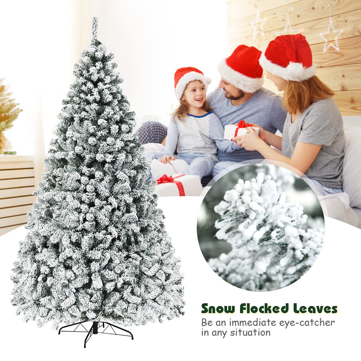 Nightcore 9FT Pre-Lit Artificial Christmas Tree, Snow Flocked Hinged Pine Tree w/ 1498 Branches Tips & 550 LED Lights, Portable Metal Base, Perfect Xmas Decoration for Home Office Party (9 ft Green) WoodArtSupply