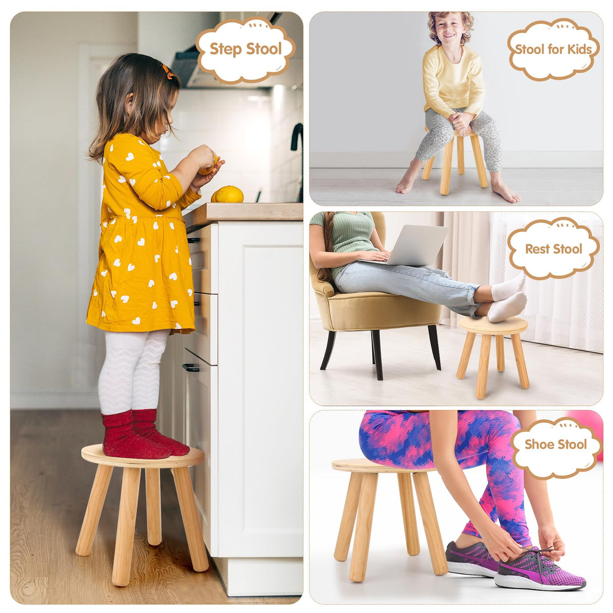 Wingyz Wooden Step Stools for Kids, 10 Inch Solid Kids Chairs Perfect Matched Sensory Table, Multi-Purpose Children Sitting Stool for Playroom Bathroom (Natural, 2 Pack) wingyz