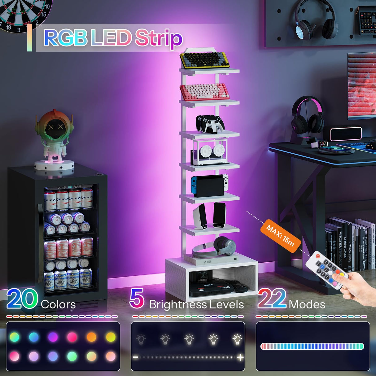 CHOEZON 8-Tier Bookshelf, LED Bookcase with Semi-Open Bottom, Small Space Standing Shelf with Lights, Corner Storage Stand, for Living Room, Home Office, Bedroom, White TSJ08DWB CHOEZON