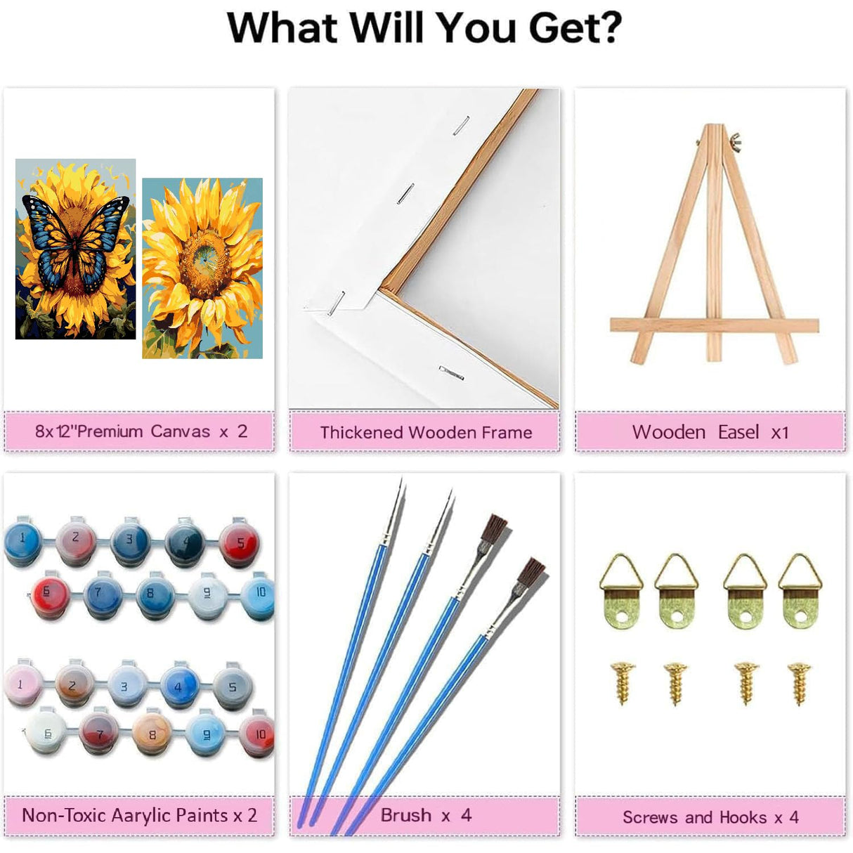 2 Pack Framed Paint by Numbers Kit for Adults - with Wooden Easel, Sunflowers Paint by Numbers Kit for Adults Framed, DIY Butterfly Paint by Numbers with Frame for Home Wall Decor 8x12 Inch askkqtx