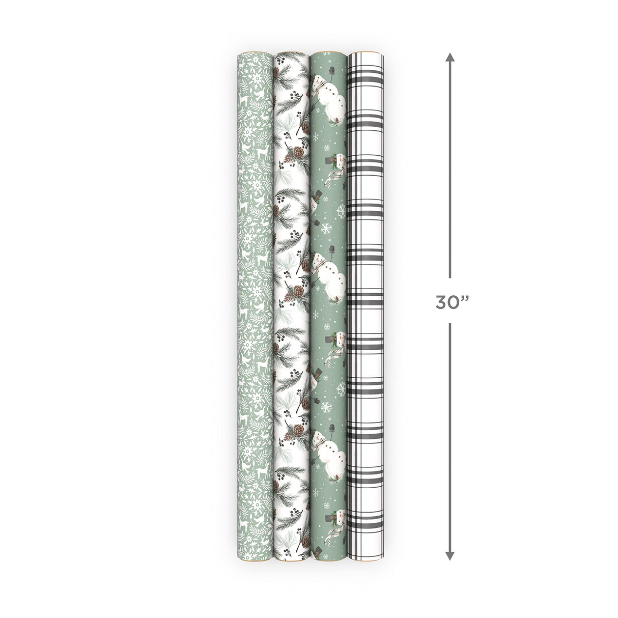 Hallmark Recyclable Neutral Christmas Wrapping Paper (4 Rolls: 100 Sq. Ft. Ttl) White and Sage Green Evergreen Pinecones, Rustic Snowmen, Plaid, Nordic Deer and Foliage Hallmark