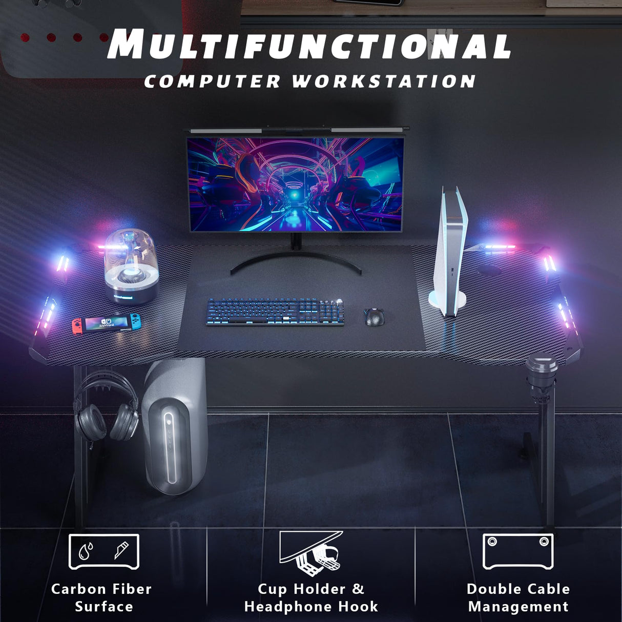 HLDIRECT 63 Inch Gaming Desk with LED Lights Carbon Fibre Surface Gaming Table Large Computer Desk Ergonomic Home Office Desks Z Shaped PC Gamer Workstations with Cup Holder & Headphone Hook Black HLDIRECT
