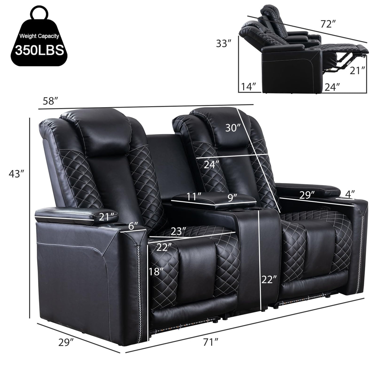 EBELLO Home Theater Seating, Electric Power Loveseat Recliner with USB Ports and Cup Holders, Breathable Faux Leather Dual Recliner with Hidden Arm Storage, for Living Room, Black EBELLO