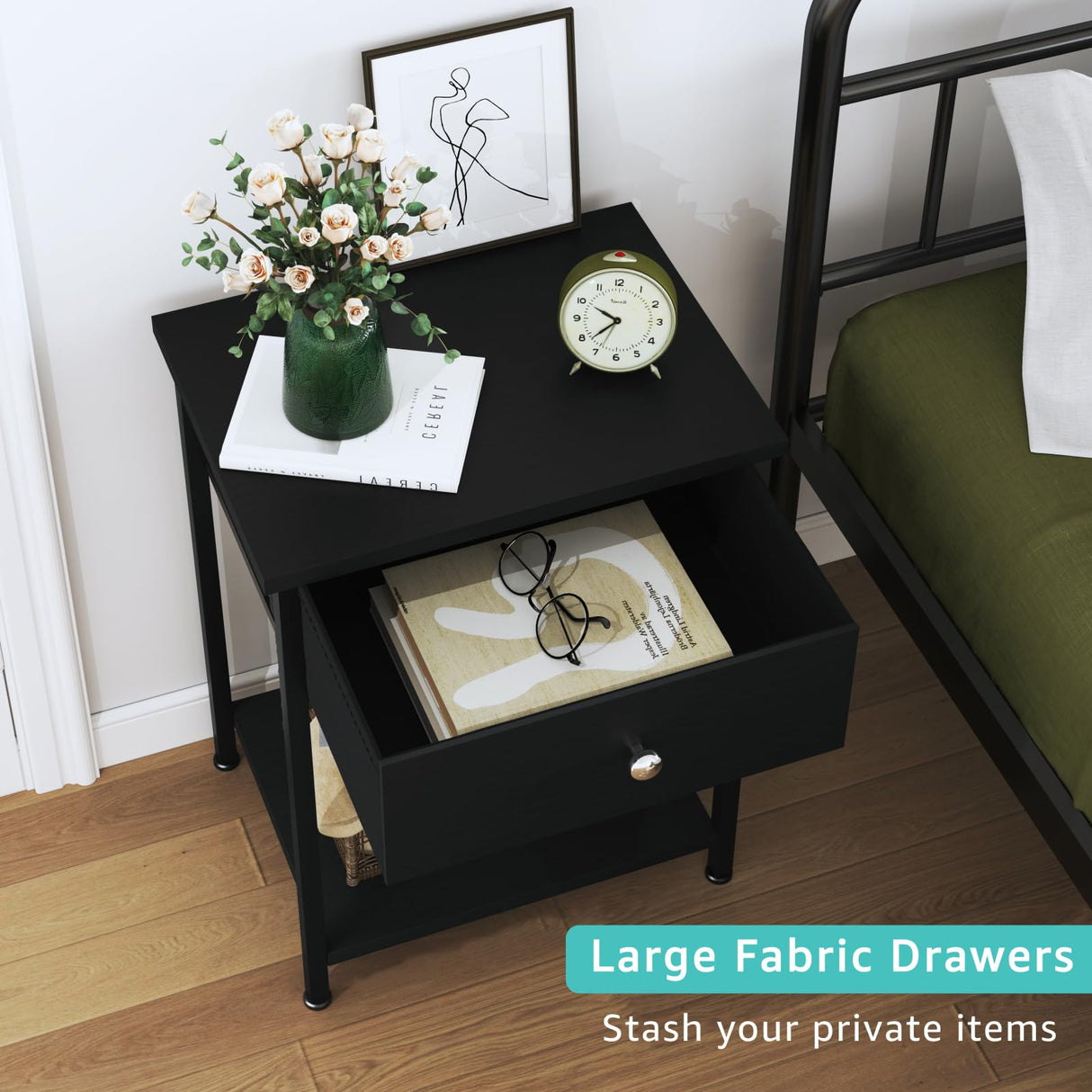 KAI-ROAD Black Nightstand Set of 2,Night Stand Set 2 with Drawers,Small Nightstand with Storage Bedside Table for Bedroom, Dorm, Modern End Table KAI-ROAD